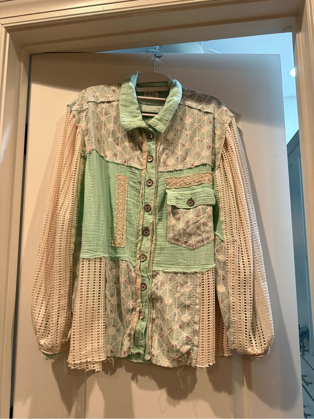 POL Mint Green and Cream Patchwork Button-Down Shirt